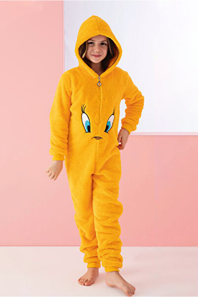 Mrs Justin Kız Çocuk Welsoft Sarı Civciv Sevimli Figürlü Manşetli Fermuarlı Pijama Tulum Peluş Rahat Ev Giyim