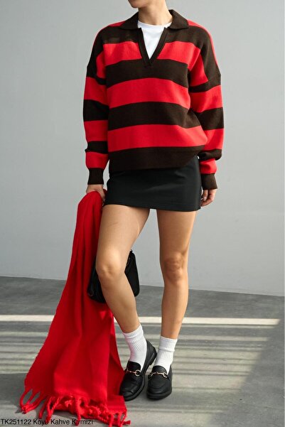 CADDELAMODA Women's Polo Neck Striped Knitwear