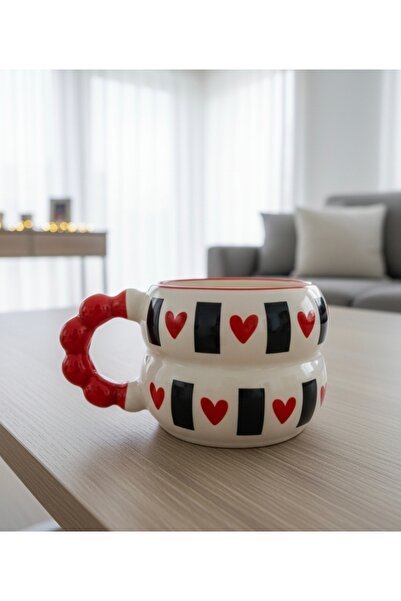 İZart Bead Handle Layered Striped Heart Pattern Fully Handmade Ceramic Mug