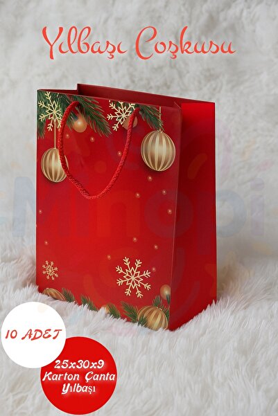 Minopi Noel Desenli Hediye Çantası Kırmızı I 10 Adet Yılbaşı Hediye Poşeti 25...