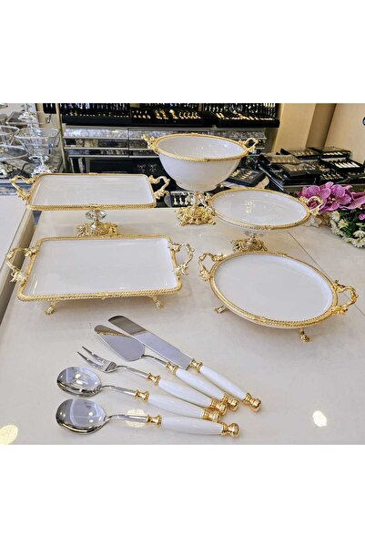 MaviDamla Cast Edge Frameded Footed Porcelain Presentation Set Gold 10 Pieces