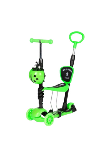 JHT Scooter 5-in-1 Kids Scooter with Light-Up Wheels, Push Handle, Seat and Basket, Green