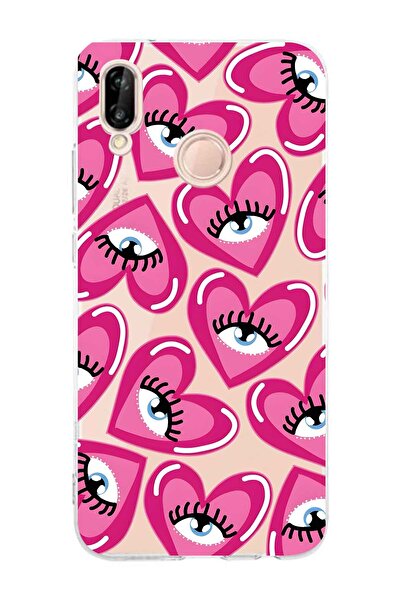FLAMENKO Huawei P20 Lite Compatible Pink Heart Eye Pattern Transparent Phone Case