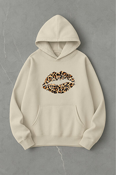 LORVEX سويت شيرت بطبعة ليوبارد ليب قصة فضفاضة للجنسين بغطاء رأس