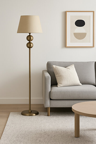 Vinner Plus Nobile Gold İkili Küreli Lambader – Krem Şapka, Metal Gövde, Modern Salon Aydınlatması