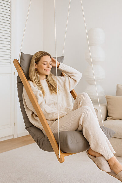 Bila Baby Gri Ahşap Salıncak Ev Bahçe Portatif İç Dış Mekan Sallanır Sandalye Hamak Salıncak