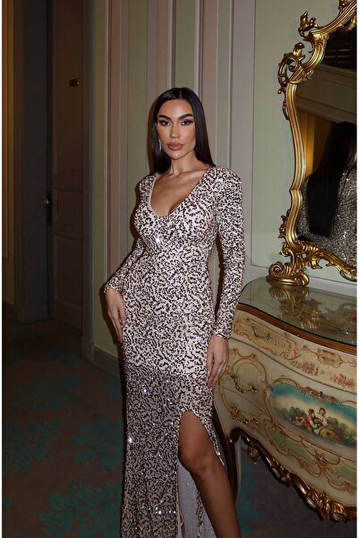 Julidress Beige V-Neck Lined Slit Maxi Long Length Premium Sequined Dress