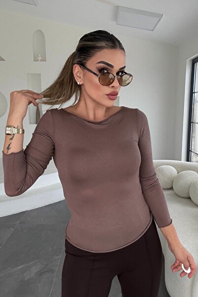 Eswomes بلوزة شفافة برقبة على شكل قارب بلون القهوة الحليبية