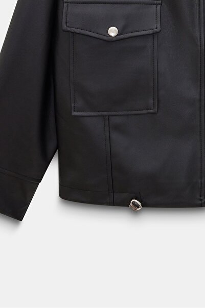 Saade Women's Relax Fit Faux Leather Bomber Jacket with Mock Neck Snap Closures and Zipper Pockets - Adjustable Waist