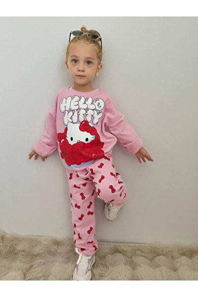 ARBİ kids Girls' Hello Kitty Three-Thread Non-Embroidered Fabric Pink Two-Piece Suit