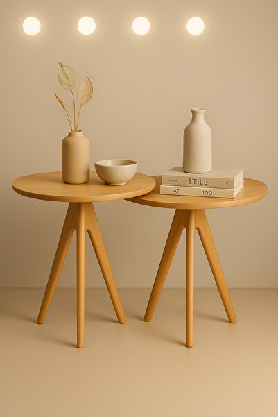 Onouqo Palermo Basic Duo Yuvarlak Modern Rustik Retro Dekoratif Ahşap Yan Ort...