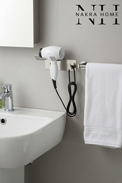 NAKRA HOME Paslanmaz Çelik Yapışkanlı Fön Makinesi Askılığı | Delmeden Montaj | Neme Dayanıklı