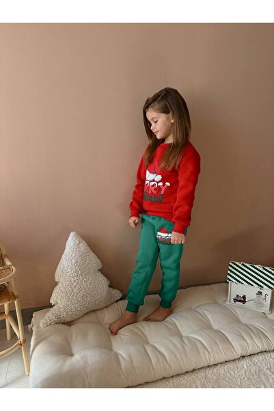 ARBİ kids Girls' Christmas Three-Thread Fleece-Lined Winter Soft Suit