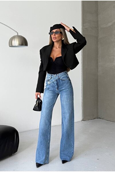 MEECY Pantaloni de damă talie înaltă cu detaliu curea Palazzo material elastic din denim