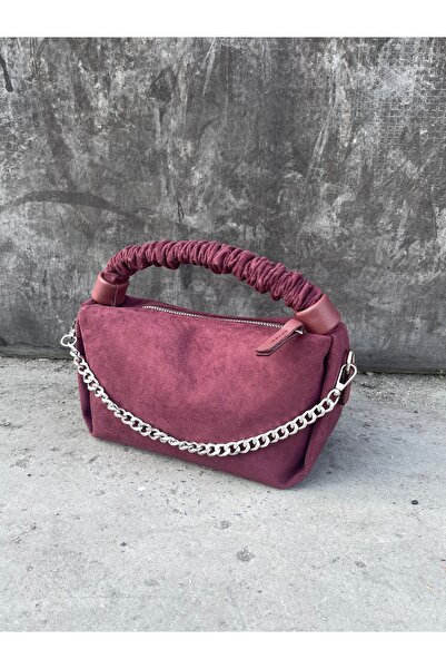 Lunova Burgundy Women's Suede Chain Drawstring Handle Hand and Shoulder Bag