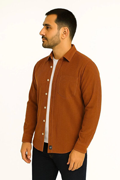 ERTAŞ TREND STORE قميص رجالي قماش مجدّل جيب مخملي قصة فضفاضة مقاس مريح - بني