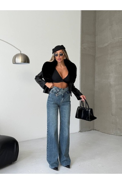 MEECY Women's High Waist Belt Detailed Palazzo Stretch Fabric Jeans