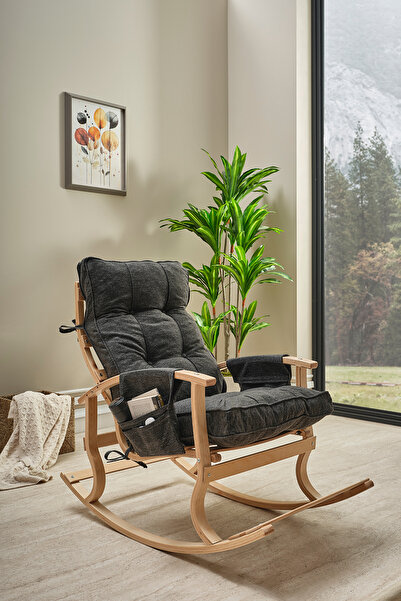 ÖZMOB Relax Lüx Ahşap Minderli Çift Cepli Sallanan Sandalye Emzirme Koltuğu Sallanan Koltuk TV Koltuğu