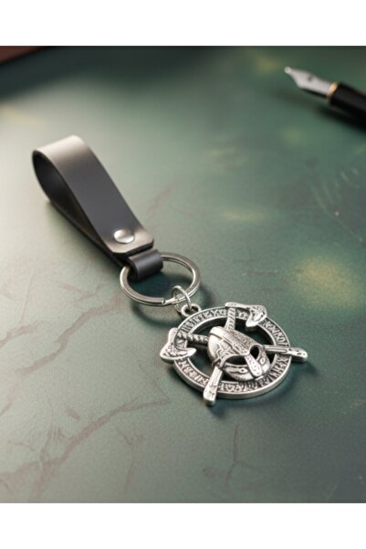 E&F Takı سلسلة مفاتيح جلدية سوداء من الجلد الأصلي مع تمثال محارب سبارتا