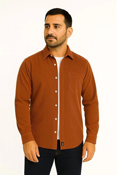 babatr.com Men's Corded Fabric Velvet Pocket Shirt Oversized Comfortable Fit - Brown
