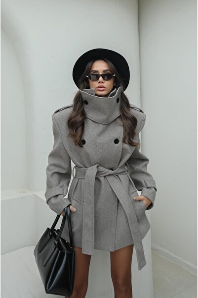 Havoş Mink Mock Neck Shoulder Pad Piece Belted Coat