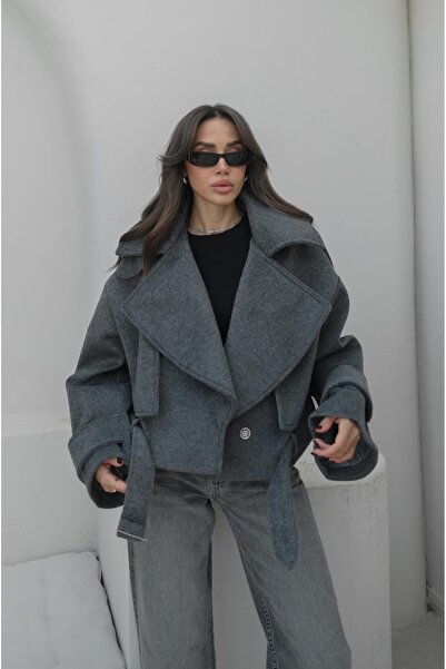 Havoş Κοντό παλτό από κασμίρ με ζώνη ανθρακί χρώματος Rajan