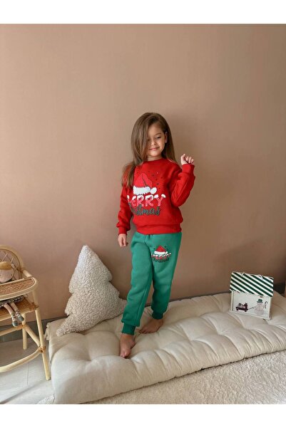 ARBİ kids Girls' Christmas Three-Thread Fleece-Lined Winter Soft Suit