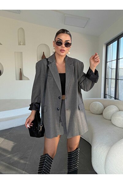 Eswomes Plaid Patterned Oversized Jacket Smoked