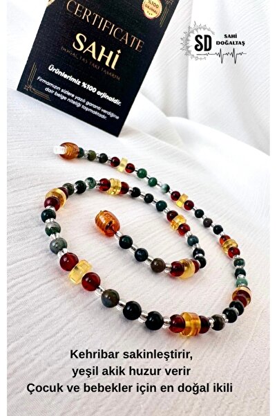 SAHİ_DOĞALTAŞ Kehribar ve Yeşil Akik Doğal Taş Bebek Kolyesi – Sakinlik Huzur...