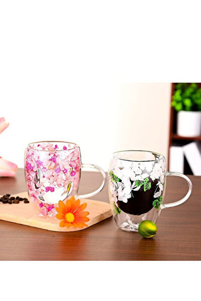 ÇARŞI HANEM Double Wall Glass Mug with Dried Flowers 350 ml Colorful Dried Flower Double Wall Glass Mug Cup