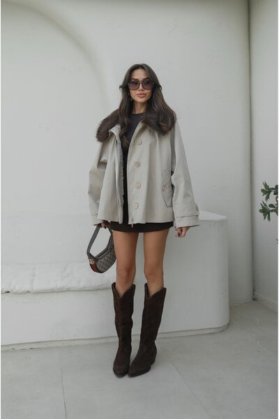 Havoş Beige Detachable Fur Jacket
