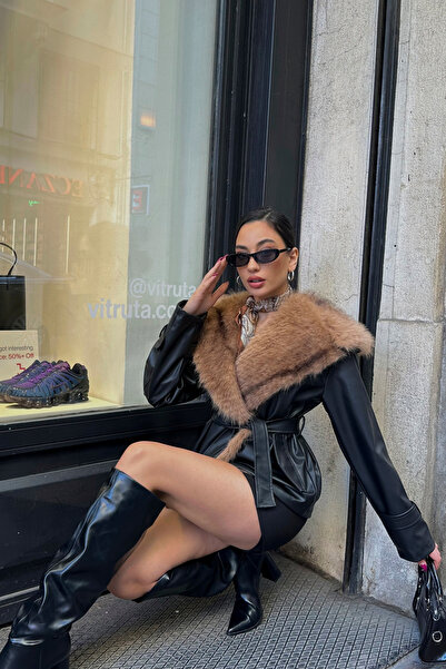 ASEDE Premium Fur Collar Tied Leather Jacket Coat