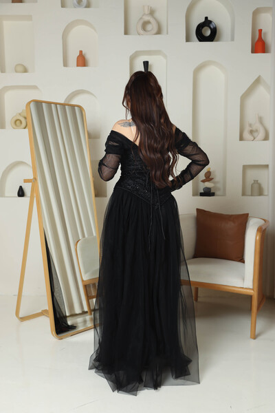 Nice Model Elegant Black Off-Shoulder Evening Gown with Sequin Embellished Bodice and Sheer Sleeves