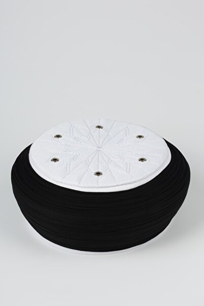 Sarıkhane Student Wrap - Black Fabric - White Headband - Round Wrap - Bird's Eye - 7 Meters