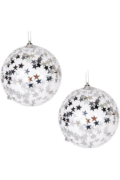 Herdekora كرة رأس السنة، مع نجمة فضية، بيضاء - عبوة من قطعتين، 10 سم