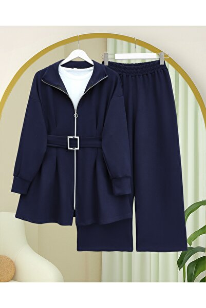 Şule Giyim Önü fermuarlı kat detaylı kemerli takım