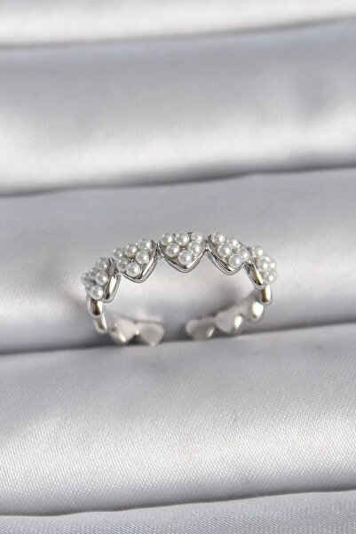 shopwave خاتم نسائي على شكل قلب من النحاس الفضي اللون قابل للتعديل مع لؤلؤ