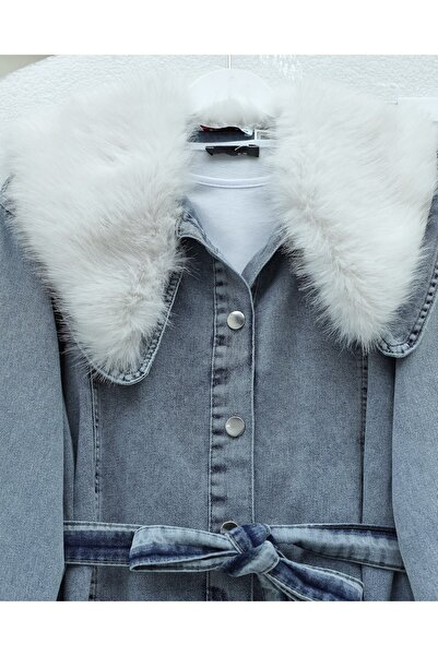 Modamorfo Peter Pan collar Denim Suit with Fur Collar and Sleeves and Belted Waist - Ice Blue