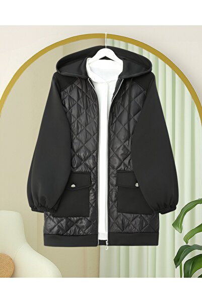 Modamorfo Hooded Scuba Sweat with Quilted Detail on the Front and Pockets - Black