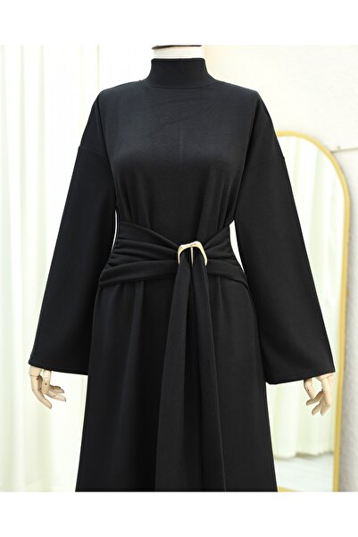 Modamorfo Mock Neck Buckled Lace-Up Long Thessaloniki Dress -Black