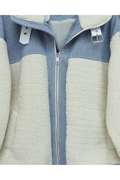 Modamorfo Denim Detailed Lined Plush Coat with Pockets - White
