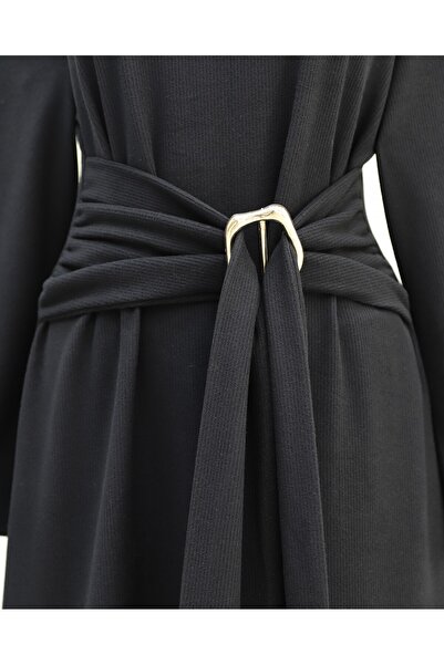 Modamorfo Mock Neck Buckled Lace-Up Long Thessaloniki Dress -Black