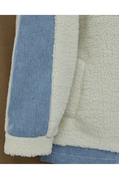 Modamorfo Denim Detailed Lined Plush Coat with Pockets - White