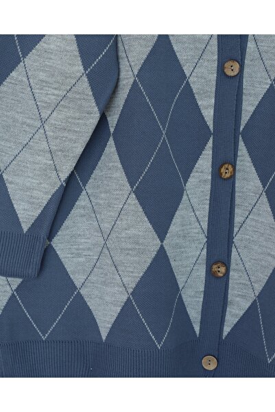 Modamorfo Buttoned Front Diamond Pattern Casual Knit Cardigan - Indigo