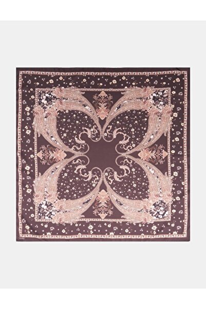 Kayra Etnik Çiçek Desenli Twill Eşarp Koyu Kahve
