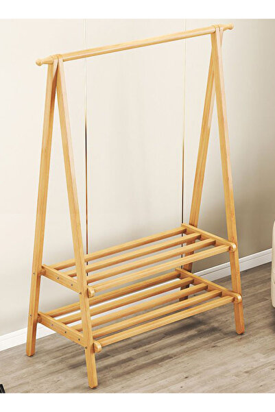 Generic Freestanding bamboo coat rack with hooks and 2 storage shelves Natural wood garment storage rack