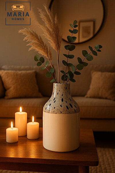 MARIA HOMES مزهرية سيراميك بيضاء برقبة مرقطة من التيرازو - أصيص زهور عصري لامع مزخرف