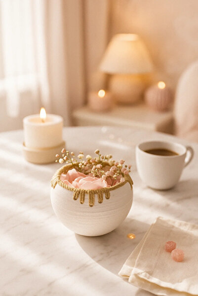 MARIA HOMES وعاء نباتات من السيراميك الأبيض مزين بحبل - وعاء زخرفي عصري