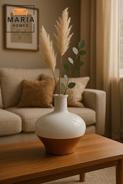 MARIA HOMES مزهرية سيراميك باللون الأبيض والفلين - وعاء زهور دائري عريض مزخرف