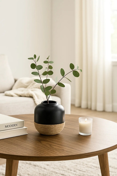 MARIA HOMES Black Ceramic Round Vase – Modern Rope Design Decorative Flower Pot for Home and Office Décor